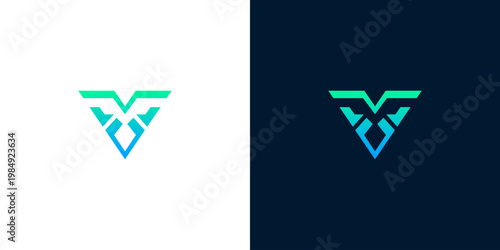 Modern abstract V logo design in gradient blue and green colors on white and dark backgrounds