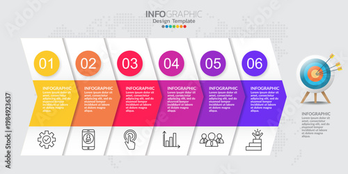 A colorful infographic template with six numbered sections and various icons