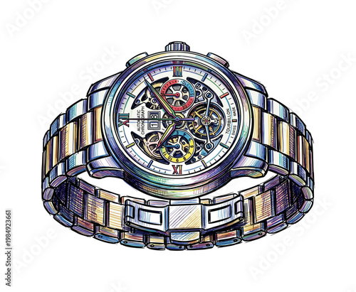 Detailed illustration of a luxury automatic chronograph wristwatch with colorful accents