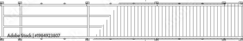 Technical line drawing of a long rectangular architectural plan view showing a framed section on the left and a vertically slatted section on the right with dimension markers.