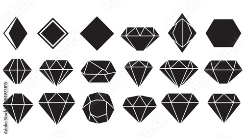 Minimalist Black Diamond Shapes and Gemstone Icons Set, Geometric Jewelry Outlines and Crystal Silhouettes Collection