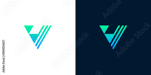 Abstract letter V logo design with gradient effect and parallel lines on white and dark backgrounds