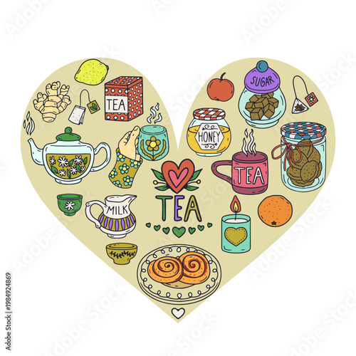 Set of heart shaped composition of cozy line art items with Tea hand lettering