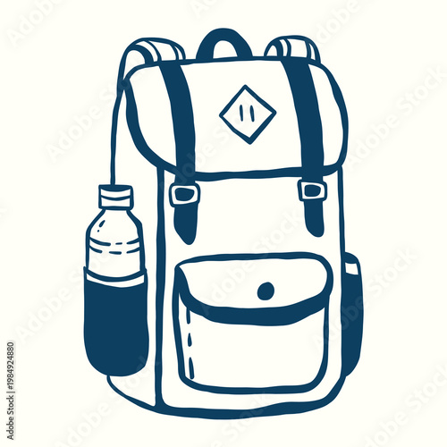 Minimalist line art vector illustration of a hiking backpack with a water bottle, camping and trekking concept.