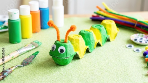 A colorful caterpillar craft made from a recycled egg carton, painted in bright green and yellow, with pipe cleaner antennas and googly eyes