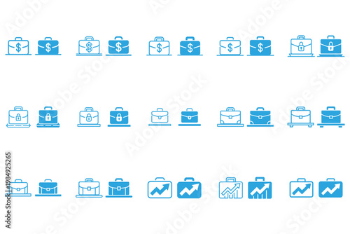 Blue business icons of briefcases with various symbols on white background