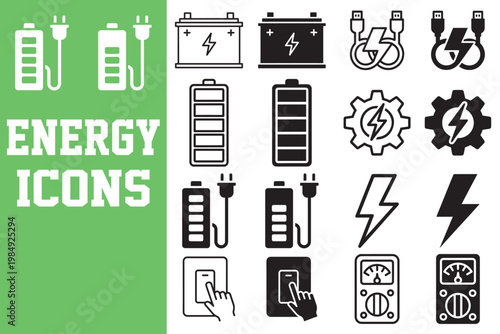 Energy icons set including batteries chargers cables and power symbols for design needs
