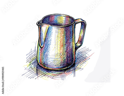 Colorful sketch of a metal pitcher with a handle and spout, rendered in crosshatching