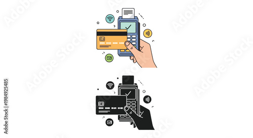 A hand using a credit card reader with a mobile payment terminal depicted in color and monochrome silhouette high quality professional