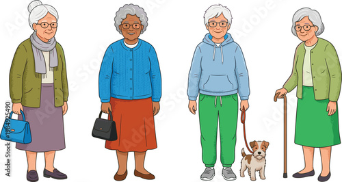 Vector Set of Diverse Senior Women Characters, Elderly Ladies Standing with Dog and Walking Cane Flat Illustration