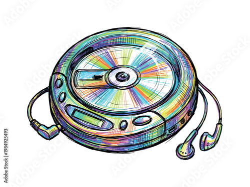 Vibrant, hand-drawn portable CD player with colorful disc and earbuds