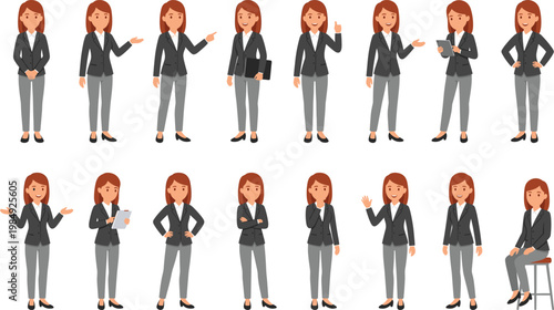 Vector Set of Businesswoman Character Poses, Professional Office Woman in Suit Flat Illustration for Corporate Presentation