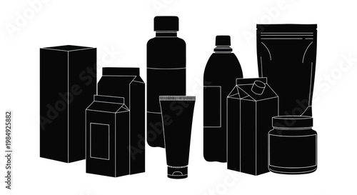 A collection of cosmetic product packaging displayed in a stark black silhouette aesthetic high quality professional detailed modern elegant stylish clean
