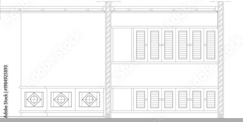 Technical architectural elevation of a facade section featuring a decorative balustrade with geometric patterns and louvered windows.