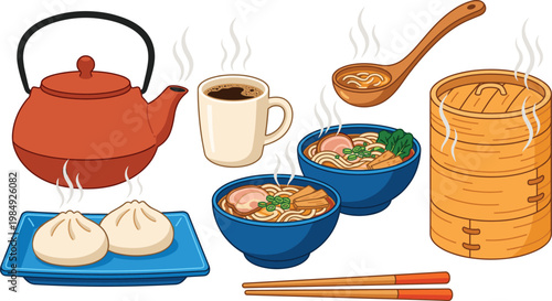 Vector Set of Hot Asian Food and Drinks, Ramen Noodle Soup, Steamed Buns, Dim Sum, and Tea Flat Illustration