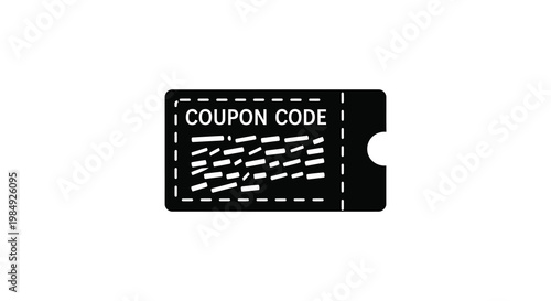 A stark black coupon ticket graphic with a visible coupon code area and a notched corner a bold silhouette high quality