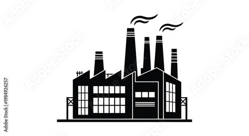 A stark black silhouette of an industrial factory complex with multiple smokestacks emitting smoke conveying pollution silhouette high quality professional detailed
