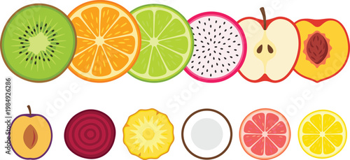 Colorful Fruit Slice Border with Kiwi, Orange, Lime, Dragon Fruit, Apple, Peach, Coconut, and Citrus Cross Sections for Fresh Food Design and Healthy Backgrounds