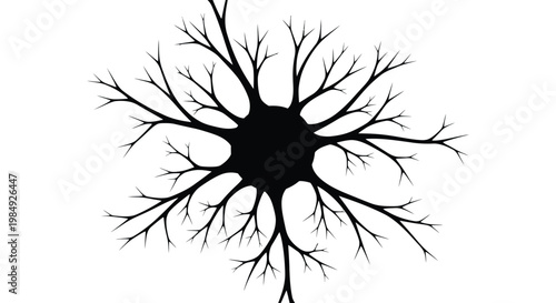 A striking black silhouette of a branching neuron resembling a tree or root system against a white background silhouette high quality