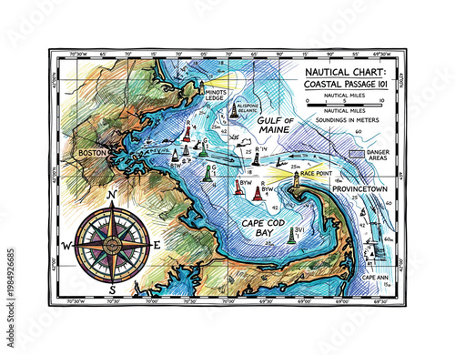 Nautical chart illustration of Boston Harbor and Cape Cod Bay with buoys
