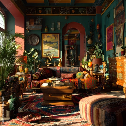 Bold maximalist interior scene featuring rich colors, eclectic furniture, and decorative plants in a vibrant living space with intricate patterns and textures