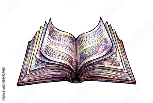 Colorful open book with scribbled pages, a whimsical illustration