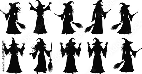 Collection of witch silhouettes in various poses casting spells with broomsticks.