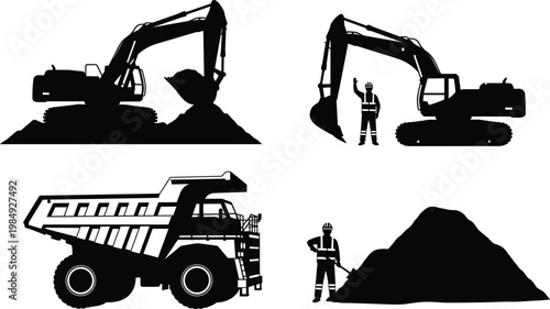 Black silhouette of construction equipment and workers on a transparent background.