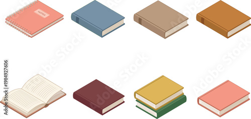 Isometric Book and Notebook Set Including Open Books, Spiral Notepads, and Stacks, Flat Vector Illustration