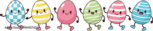Collection of cute anthropomorphic easter eggs with smiling faces and arms.