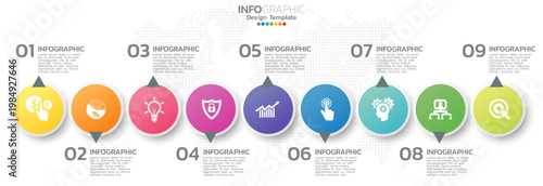 A colorful infographic template with nine numbered steps and icons for business or educational use