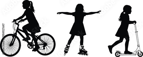 Silhouettes of children enjoying outdoor activities on bicycles scooters and skates.