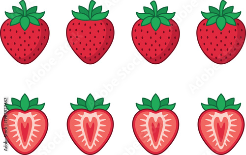 Fresh Red Strawberry Set with Whole Fruit and Half Slices, Flat Vector Illustration Isolated on White Background