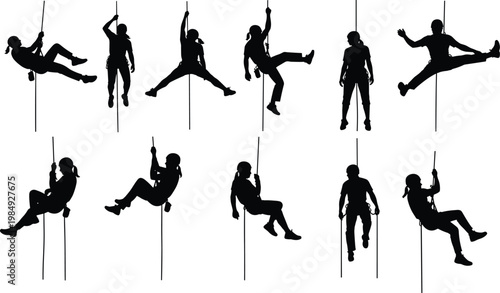 Silhouettes of rock climbers on a pole, dynamic poses.