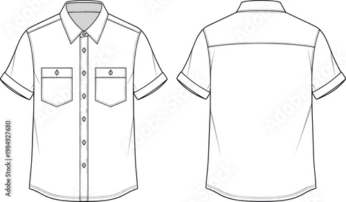 White short sleeve collared shirt, front and back view.