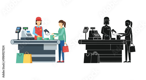 A colorful and monochrome depiction shows a customer paying at a checkout counter contrasted by a dark silhouette high quality professional