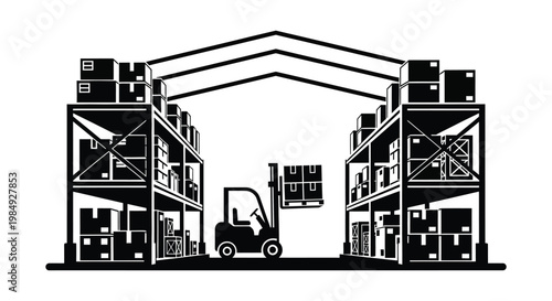 A black and white illustration depicts a warehouse interior with stacked boxes and a forklift rendered as a silhouette high quality professional detailed