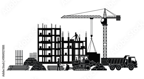 A black and white illustration depicts construction site activity with a building crane and workers in silhouette high quality professional detailed