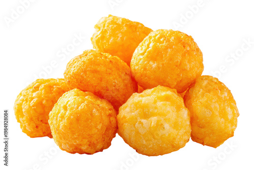 Vibrant pile of golden cheese puffs on a pristine white background isolated on transparent background