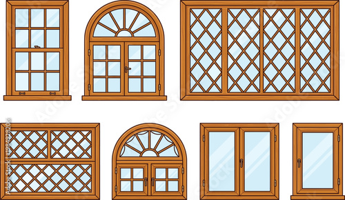 Set of Classic Wooden Window Frames in Various Architectural Styles, Flat Vector Illustration Isolated on White