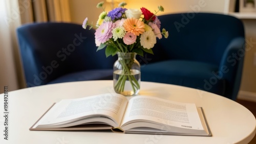 Open Book on White Table with Flowers and Blue Chair - Cozy Reading Corner Interior