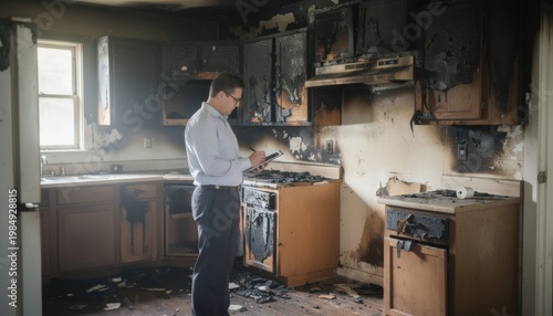 Claims specialist evaluating charred kitchen cabinets postfire noting loss extent in a residential property with focused attention.