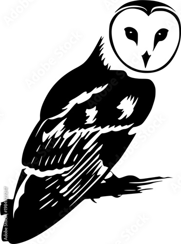 A solitary barn owl with brown-and-white plumage and a heart-shaped face perches gracefully against a stark white backdrop, exuding an aura of serene elegance in its photorealistic depiction