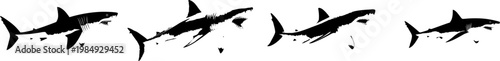 A photorealistic Great White Shark leaps out of the water in side view, showcasing its serrated teeth and grey-white skin against a pure white background