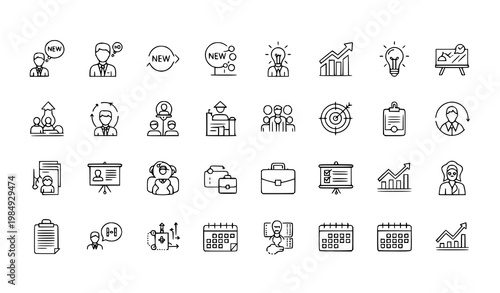 Fitness and exercise icons set - diverse activities and poses with line art stick figure exercise activity wellness training bodybuilding aerobics meditation strength stretching lifestyle