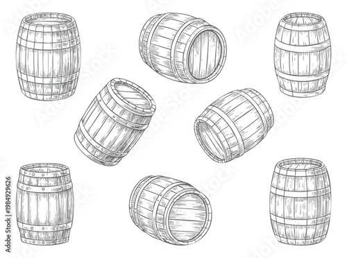 Hand drawn wooden barrel set vintage engraving style rustic cask illustration.