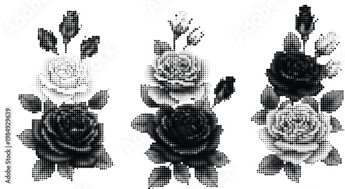Vintage halftone flower arrangements with roses and leaves for elegant greeting card designs and retro style stationary.