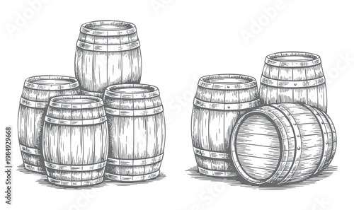 Wooden barrel engraving illustration set hand drawn sketch line art.