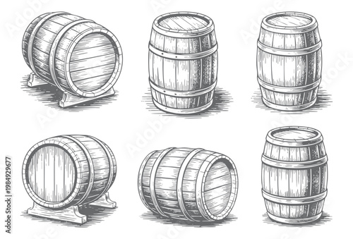Wooden barrel engraving illustration set hand drawn sketch line art.