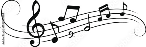 flowing musical staff notes treble clef decorative black vector wave melody rhythm ornamental music design illustration